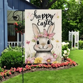Happy Easter Garden Flag for Outside 17.7×11.8in Cute Rabbit Wearing a Wreath on Its Head Design Bunny Banners Spring Garden Flag Double Sided Burlap Yard Flag Outdoor Farmhouse
