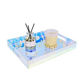 ROYALITA Iridescent Acrylic Letter Tray With Handles 12X9 Inch - Perfume Serving Tray, Spill Proof, Decorative for Ottoman Coffee Table Countertop, Wedding Decor, Dinner Desk