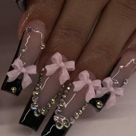 RIICFDD Long Press on Nails Coffin Fake Nails Black Pink False Nails Rhinestone Bow Nail Charms Glue on Nails Black French Tip Nails Acrylic Nails Full Cover Glossy Stick on Nails for Women 24 Pcs