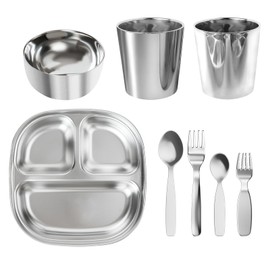Znbskla Kids Dinnerware Set 8-Piece | Divided Toddler Plates with Spoon Fork | 304 Stainless Steel Baby Feeding Set | BPA-Free Dishwasher Safe | Learning Tableware Kit Gift (CG/8)