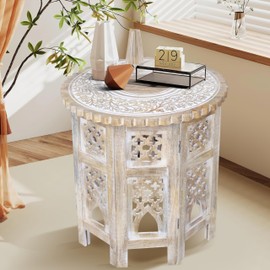 Woodify Hand-Carved Octagonal Wooden Side Table – 18” x 18” Mango Wood End Table, Distress White Finish, Decorative Accent Table for Living Room & Bedroom