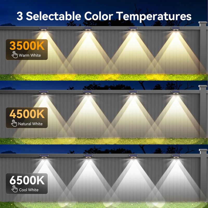 TECKNET Solar Fence Lights Outdoor 6 Pack, 3 Modes 3500K/4500K/6500K,