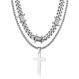 Bandmax Layered Chain Cross Curb Chain Men's Chain Set Stainless Steel Cross Chain Cuban Chain Cross Pendant Necklace Women's Chains Jewellery Accessories, Metal, No Gemstone