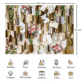 KUKUSOUL 7x5FT Vintage Bookshelf Background Flower Garlend Book Pages Wedding Decorations Backdrop Adults Baby Shower Graduation Party Photo Studio Background Props KUBDJ943