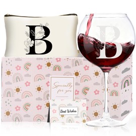fcaylo Monogrammed Wine Glasses with Makeup Bag Birthday Gift Set for women