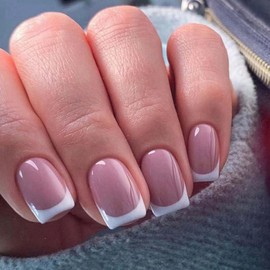 French Tip Press on Nails Short Square Fake Nails with Pink False Nails Design Full Cover Acrylic Artificial Nails Glossy Glue on Nails Stick on Nails for Women Manicure Decoration 24Pcs