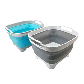 SAMMART 7.5L (2 Gallons) Collapsible Dishpan with Draining Plug - Foldable Washing Basin - Portable Dish Washing Tub - Space Saving y (Grey + Cyanine, 2)