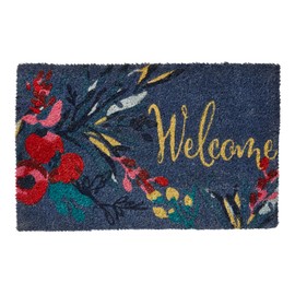 tag 1'6" x 2'6" Autumn Botanical Floral Rectangle Indoor Outdoor Coir Door Welcome Mat Multicolored on Blue Background 1 EA Multicolor