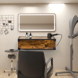 ZJMTOCYU Space-Saving Wall-Mounted Salon Station with USB Ports, Elegant Brown Finish, for Hair Tools and Styling Needs