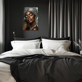 Black Woman Canvas Wall Art African American Wall Art Black Woman Wearing Silver Jewelry Painting Picture Modern Black and Silver Print Artwork for Living Room Bedroom Framed Decor(PO-1,12"x18")