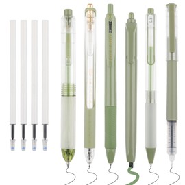 WINKIO 0.5 mm Gel Pen, Pack of 6 Aesthetic Gel Pens, Quick Drying Gel Pen with 4 Refills, Retractable Ballpoint Pen Black + Coloured Highlighter (Green)