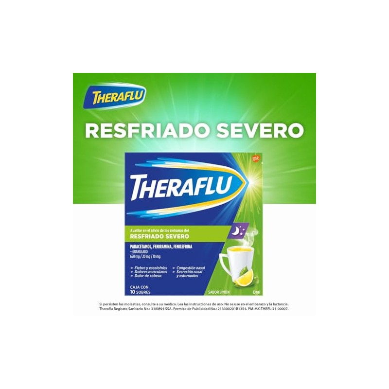 Theraflu Noche, Té Antigripal para Resfriado Severo, 10 Sobres