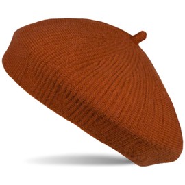 styleBREAKER 04024200 Women's Fine Knit Beret Hat with Subtle Striped Pattern, Winter, Beret, Béret, French Hat, Cognac