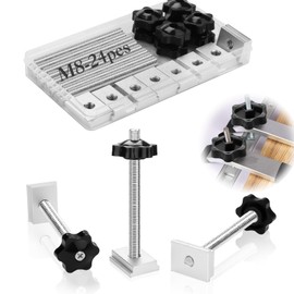 SWTYExt Pack of 24 T Rail Sliding Nuts M8 with Stainless Steel T Screw M8 x 100 mm Star Grip Screw M8 Plastic Handle Clamping Knob Slot Nuts T Nut Kit for Woodworking Engineering Furniture