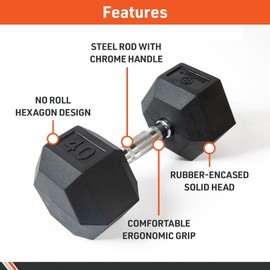 Body Sport Rubber Encased Hex Dumbbell Weight – Dumbbells for Exercises – Strength Training Equipment – Home Gym Accessories – Weight Training – Black, 55 lb, Single