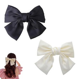 2PCS Bow Hair Clips for Women, Hairbows, Hair Bow Clips, Big Bowknot Hairpin French Hair Clips, For Women Girls(Black+off-White)