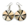 50mm L/Black/Grey/Cream Round Shape Sea Shell Earrings/Handmade/Slight Variation In Colour/Natural