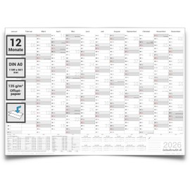 Kalenderoutlet 5 XXL DIN A0 Year Planner 2026, Calendar, Wall Calendar, 12 Months, Grey, 84 × 118 cm Large Wall Planner 2026, Annual Calendar, 135 g Paper, Folded in German Language