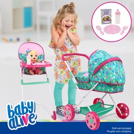 Baby Alive: Travel N' Feed Set - 7pcs - Green, Pink, Hearts - Stroller, Highchair, Bag, Feeding Accessories, Set for Dolls Up to 18", Kids Toy, Ages 3+