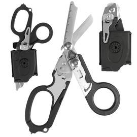 6 in 1 Emergency Response Shears Emergency Scissors Tool Stainless Steel Foldable Scissors Pliers with Strap Cutter and Glass Default (Black with Holster)