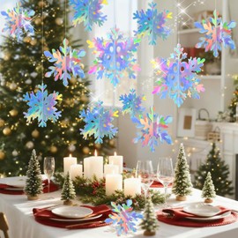 18 Pcs Snowflakes Decorations, 3D Iridescent Hanging Snowflakes Ornaments Holographic Paper Snowflake Garland for Christmas Tree Decor Winter Wonderland Friendsmas Ugly Sweater Party Supplies