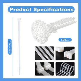TPYoimay Natural White Cable Ties, 500 count, 3.3 inches long, 61 lb tensile strength, durable for home, garden, office, and garage use. Certified by multiple agencies. (See image for details)