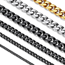 Suplight Men's Curb Chain 3/6/9 mm Wide Cuban Link Chain, Silver/Gold/Black, 36/46/51/55/61/66/71/76 cm, Stainless Steel