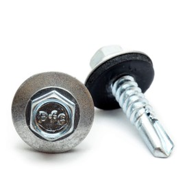 (250) #14 x 1" Indent HWH with Bonded EPDM Sealing Washer, Hex Washer Head Unslot, 1/4" Zinc #3 Point Self Drilling TEK Sheet Metal Roofing Screws - MonsterBolts (250, 1/4" x 1")