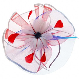 Yokawe Fascinator Derby Hat Tea Party Hats Organza Feather Headband Headpiece for Women (Red-White-Blue)