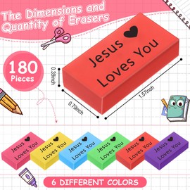 Resurhang 180 Pcs Inspirational Erasers for Kids Christian Pencil Erasers Bulk, Back-to-School Gifts Motivational and Cute Supplies for Students Classrooms, Drawing(Multicolor,Jesus Loves You)