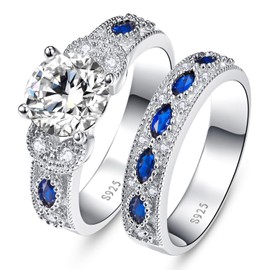 Yaresul 3.5ct Round Cut Cubic Zirconia Ring Wedding Ring Set Created Blue Sapphire Women Bridal Rings Sets 925 Sterling Silver Ring Rhodium Plated Blue Engagement Ring Size J 1/2 - Z, Created Sapphire