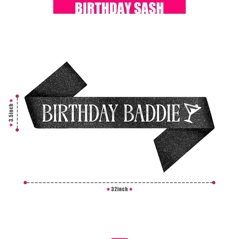 PartyForever Birthday Baddie Sash – Black Glitter Sash with Silver