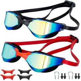 Lychico Swimming Goggles (2 Pack), Long-lasting Anti Fog Swimming Goggles for Adult Men Women, No Leakage with Nose Clip Earplugs