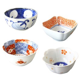 irodori Arita Ware Shop Specialty Dinnerware and Miscellaneous Goods, Small Bowl, Set of 4 Patterns, Diameter 3.7 x Height 2.0 inches (9.5 x 5 cm), Approx. 3.4 fl oz (100 ml), Made in Japan, Ceramic,