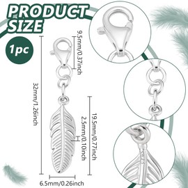PH PandaHall 32mm Feather Charms Pendants, 925 Sterling Silver Feather Charms Platinum Feather Clip on Charm for DIY Key Chain Sweater Chain Bracelet Necklace Jewelry Making Findings