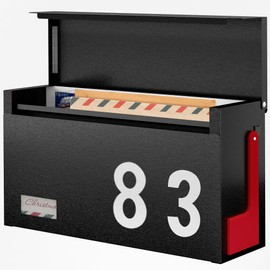 Modern Mailboxes for Outside, Metal Wall Mount Mailbox, with One Flag Kit and Three Sets of Mailbox Number Stickers, 3.94"D×12.99"W×7.09"H, Rust Resistant Coating Mail Boxes for House, Black AMB06B