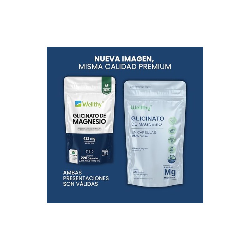 Wellthy Glicinato Magnesio 220 Cápsulas 432mg 100 Natural Alta Absorción