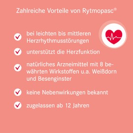 Rytmopasc 50 ml: for mild to medium heart rhythm disturbances with palpitations, heart stumbles, heart hunts, heart stabbing and for pressure and anxiety in the heart region