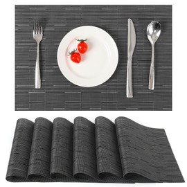 Myir JUN Washable Placemats, Set of 6, Woven Place Mats, Non-Slip, Tear-Resistant, Heat Resistant, Vinyl Place Mats Washable for Kitchen, Dining Table, Hotel, Place Mats 30 x 43.5 cm (Grey Black)