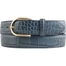 BELTINGER Women's Belt with Crocodile Embossed 3.5 cm Leather Belt for Women 35 mm Crocodile Look Crocodile Pattern with Round Gold Belt Buckle, Denim Blue, Gold