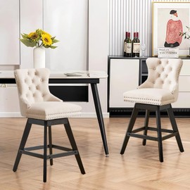 SoarFlash Kitchen Swivel Bar Stools with Solid Wood Legs Upholstered Counter Stools Set of 2, Beige
