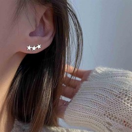 Aneneiceera Vintage Tiny Star Ear Climber Earrings Silver Mini Star Crawler Earrings Triple Star Earrings Minimalist Star Stud Earrings Jewelry for Women
