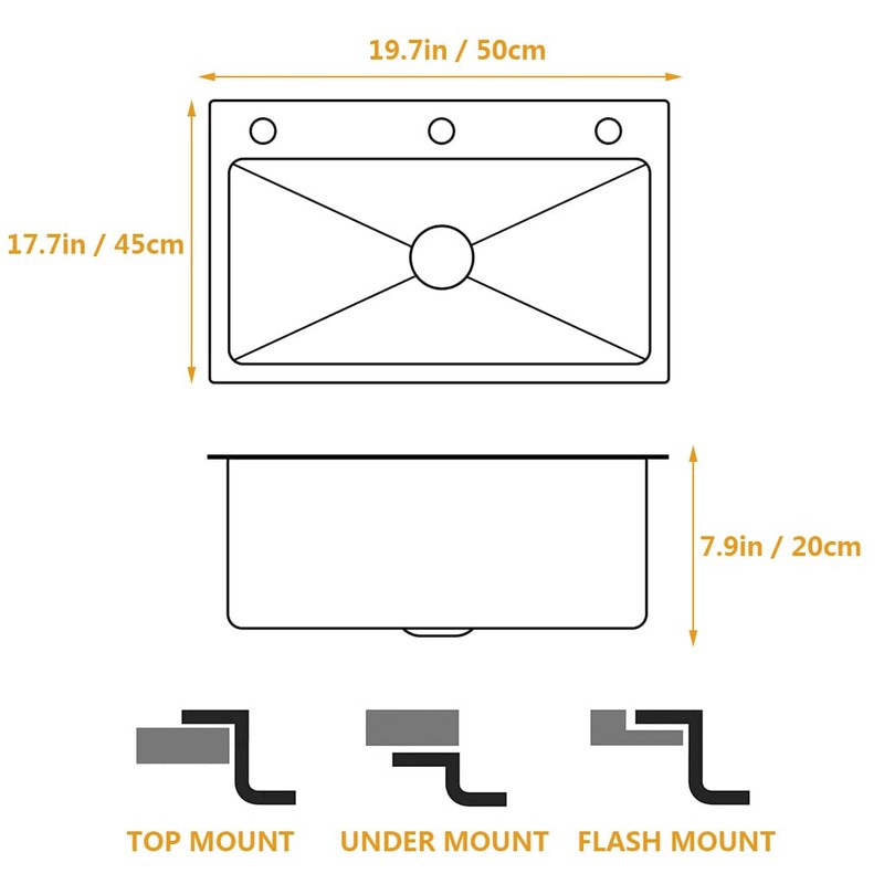 ARTLINE 16 Gauge Black Kitchen Sink, 3 Hole Stainless Steel