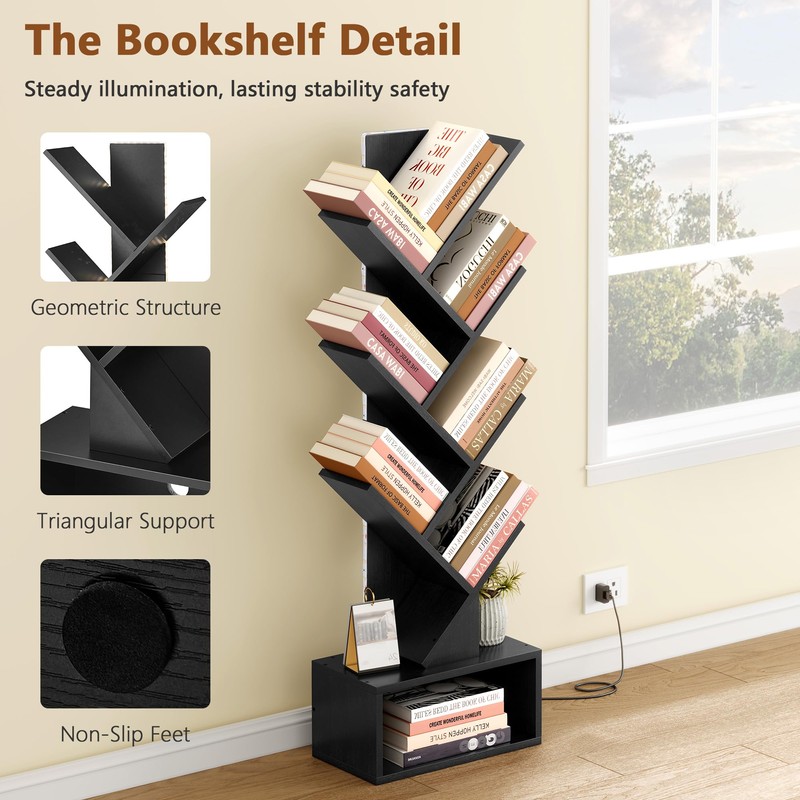 Hoctieon 6 Tier Tree Bookshelf, Tall Bookcase with Drawer, Freestanding