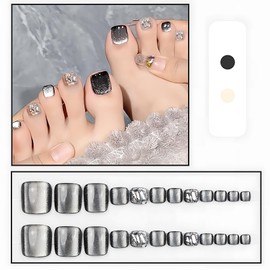 [NEURAD]ネイルチップ 足用 24枚入 3D フットネイル フットネイルチップ 足用ネイルチップ マグネット 夏 付け爪 黒 猫目石 可愛い 人気 簡単 シンプル 繰り返し使える