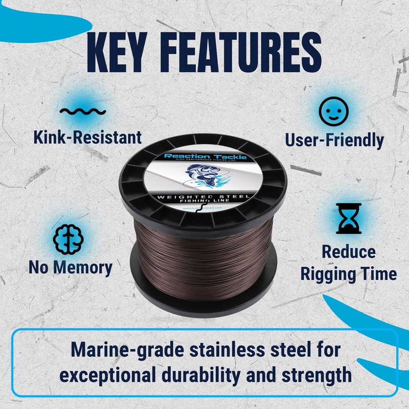 Reaction Tackle Weighted Stainless Steel Trolling Line 45LB- Premium Weighted