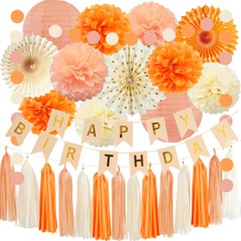 Orange Beige Fall Boho Birthday Party Decorations Autumn Sweet Peach Birthday Women Girls Groovy Paper Lanterns Tissue Pom Poms Paper Fans Tassel Gralands Fall Orange Birth day Party Decoration