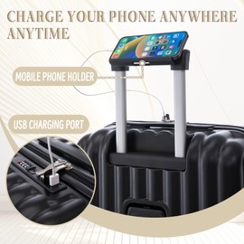 UJoylify Luggage Set 3 Piece, Expandable Travel Lightweight Suitcases with Spinner Wheels, Cup Holder, USB Port, Phone Holder, TSA Lock, ABS Carry on Luggages for Business, Trip (20"/24"/28") (Black)