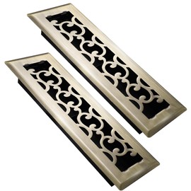 SANYCASA 2x10 Inches Air Floor Vents Register Ease Adjust Air Flow Savannah Design-Heavy Duty Walkable Steel Decorative Floor Vent for Room - Antique Brass Floor Vent Covers - 2 Pack