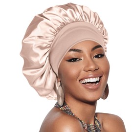 Gorro para Dormir, Gorro De Satén con Banda Elástica Ancha, Gorro De Seda para El Cuidado del Cabello Rizado Sombrero de Gorro de Dormir Ajustable Cubierta de Cabeza Toalla Pelo Secado Rapido (Dorado)